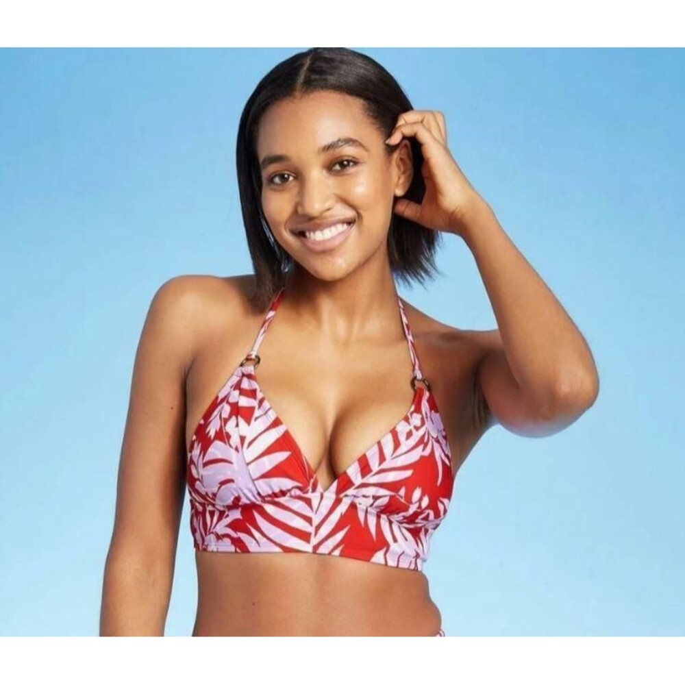NEW NWT Red Print Sz Small (4-6) Removable Pads Halter Bikini Top KONA SOL